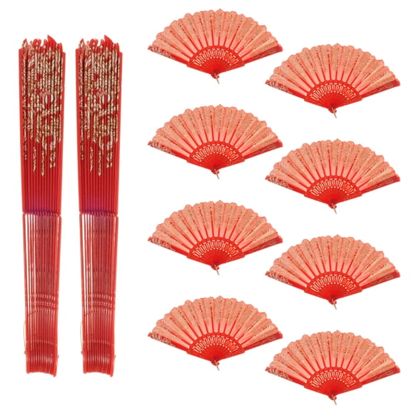 UPOUART 10Pcs Red Lace Folding Hand Held Fan Traditional Chinese Dance Fan for Wedding Party Favor