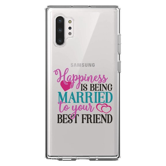 DistinctInk Clear Shockproof Hybrid Case for Galaxy Note 10 PLUS (6.8" Screen) - TPU Bumper Acrylic Back Tempered Glass Screen Protector - Happiness Married to Your Best Friend