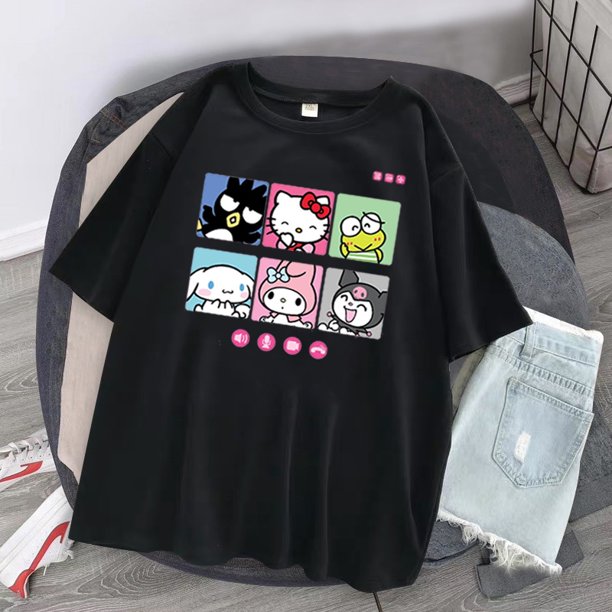 Impresión de dibujos animados holley kitty y Kuromi y Cinnamoroll camiseta blusa verano Streetwear O-cuello dulce niñas T-Shirtpangjing