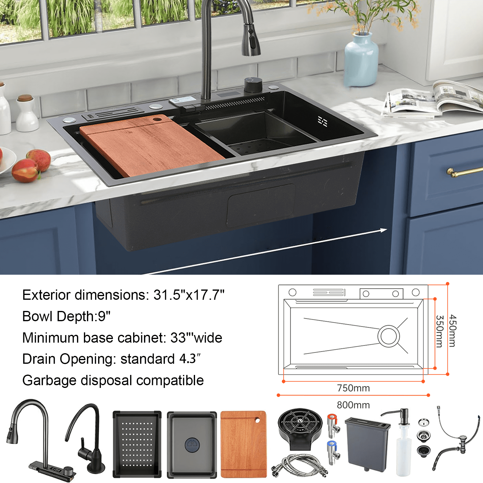 31.5 In Smart Waterfall Kitchen Sink with Temperature Display Faucet,Black Stainless Steel Drop In Single Bowl Sink,Topmount Workstation Bar Sink,with Knife Holder & Accessories