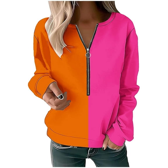 Womens Zip Up Sweatshirt, Long Sleeve Pullover for Women Fall Plus Size Casual Loose Fit Color Patchwork V Neck Sweatshirts