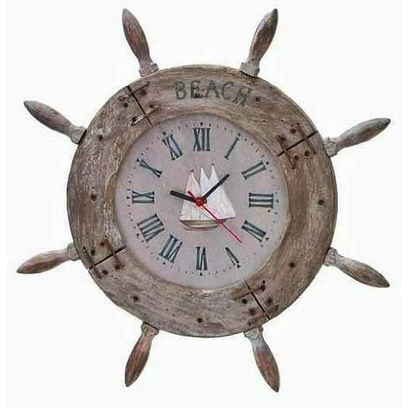 20" Wooden Ship Wheel CLOCK (Antique Rustic Weathered Finish) - Roman Boat Dial