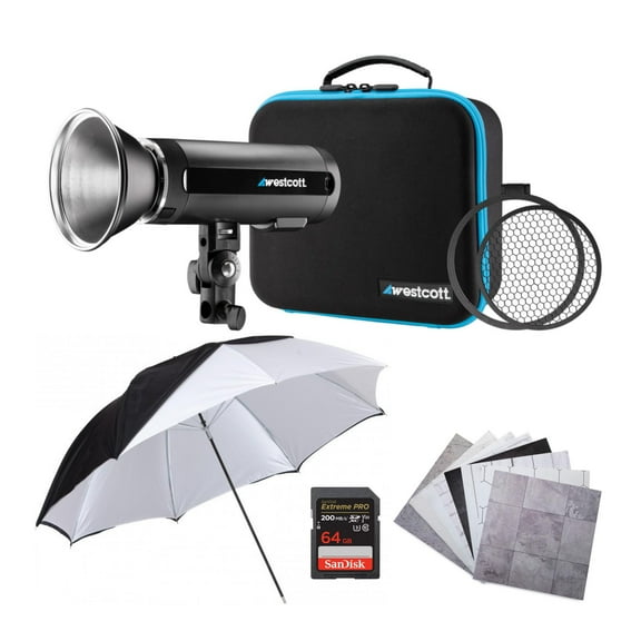 Westcott FJ200 200Ws Strobe Light with 64GB SD Card, Backdrop, and 32in Umbrella