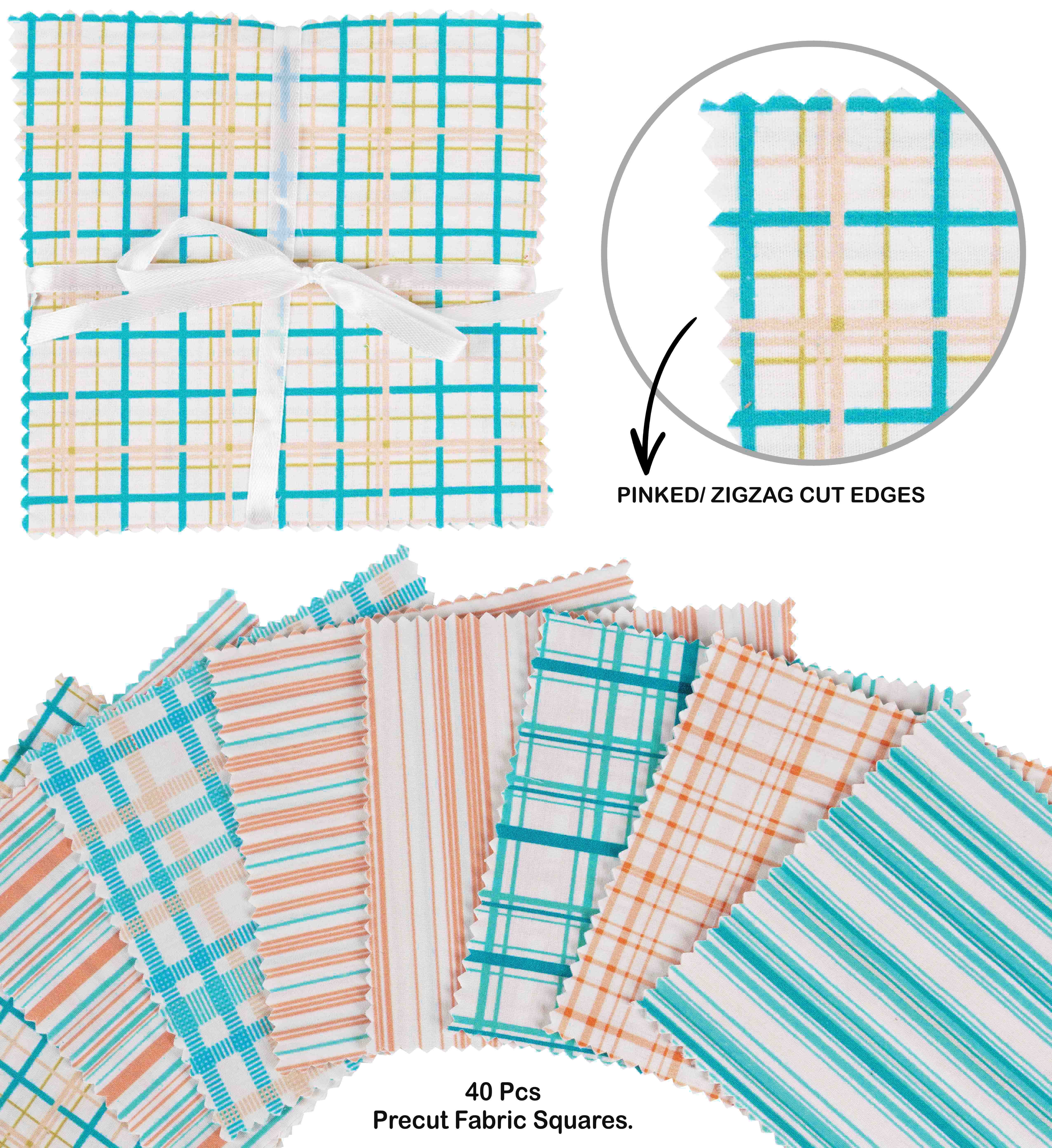Soimoi Precut 10-inch Checks & Stripes Prints Cotton Fabric Bundle Quilting Squares Charm Pack DIY Patchwork Sewing Craft- Aqua Blue