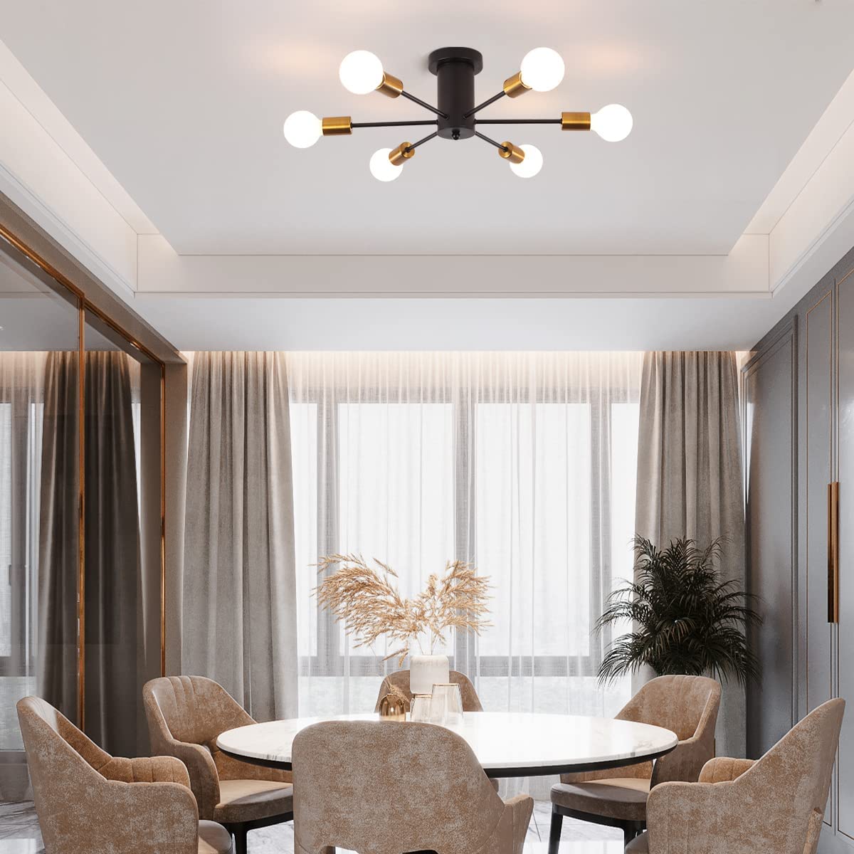 Garwarm Mid Century Sputnik Chandelier, Modern Ceiling Light Fixture Industrial Semi Flush Mount Pendant Lighting for Kitchen Dining Room Bedroom Living Room Foyer (6-Lights, E26 Base)