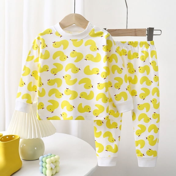 Spazoro Toddler Girls Boys 100% Cotton Outfit Sets, Soft & Comfy Loungewear Cute Print Long Sleeves Top Trousers Casual Shirts and Pants 2PC Sets Yellow Size 3 T