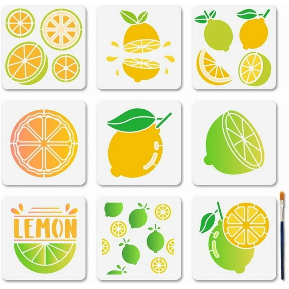 Colorful 9 PCS Fruits Lemon Painting Stencils 5.9x5.9 Inches Slices Reusable Stencils Juice Water Fresh Drawing Stencil Templates with Paint Brush for Wood Furniture Wall Fabric