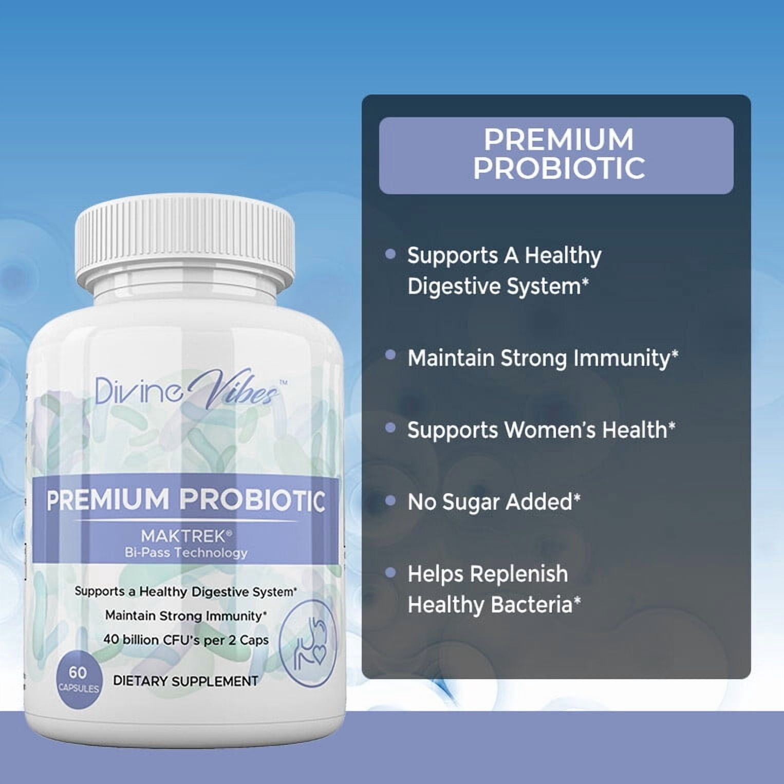 Divine Vibes Premium Probiotic 40 Billion CFU with MAKTrek Bi-Pass Technology – All Natural, Non-GMO, Gluten Free Digestive & Immune Support for Women & Men – 30 Day Supply – Made in USA