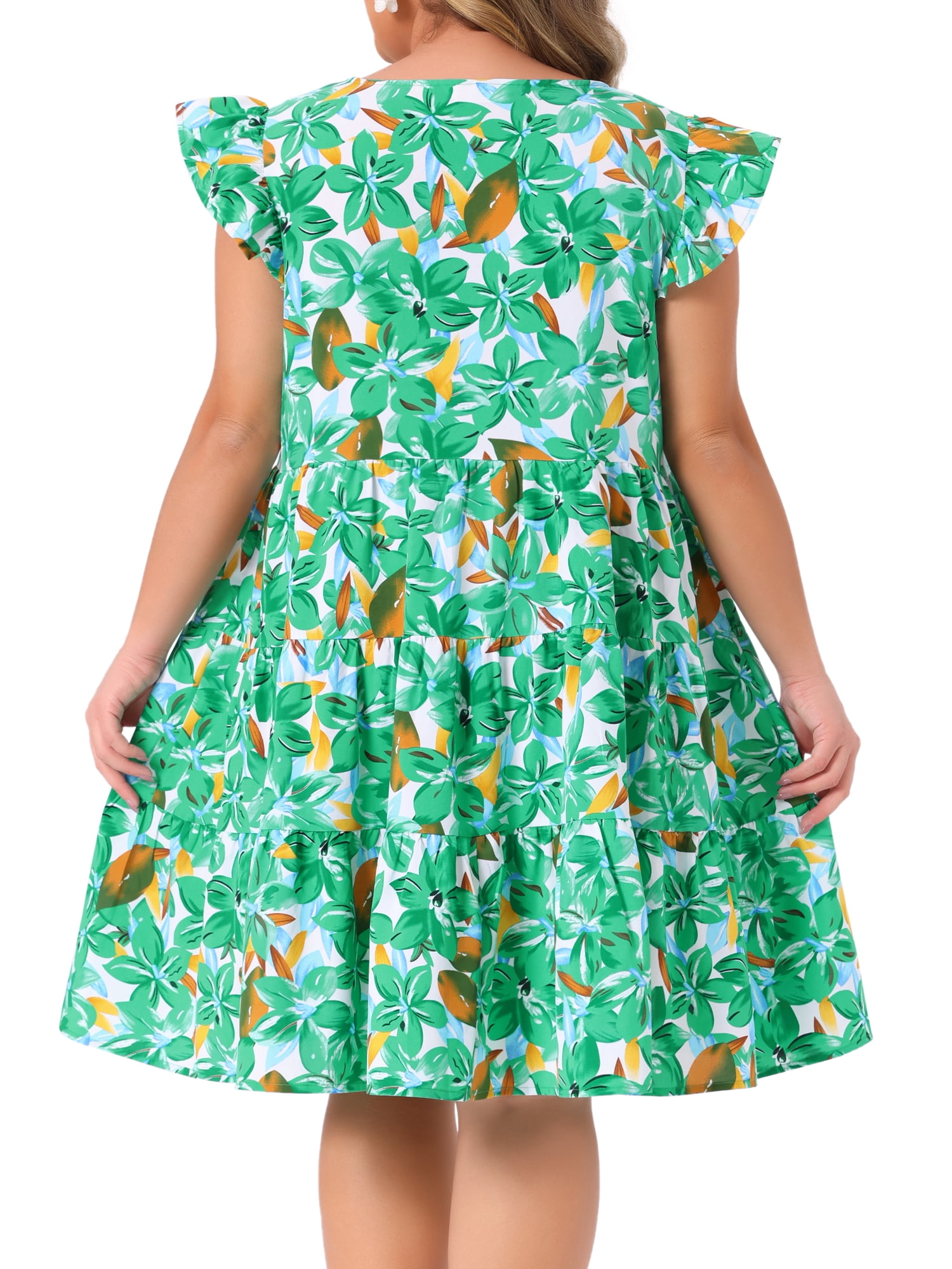 DARING DIVA Plus Size Boho Flutter Sleeves Round Neck Floral Print Dress 2X Green
