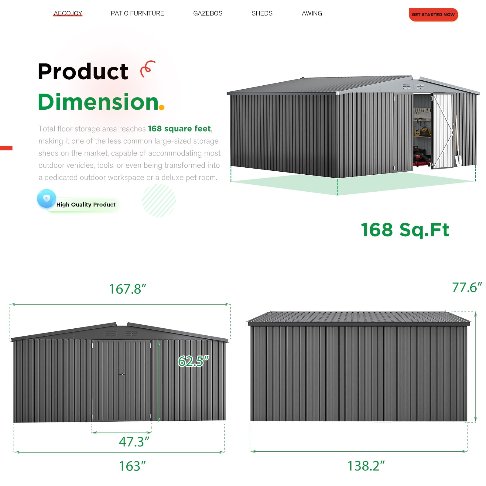 AECOJOY 14' x 12' Outdoor Storage Shed with Lockable Door Patio Metal Garden Storage Building in Dark Gray for Outside