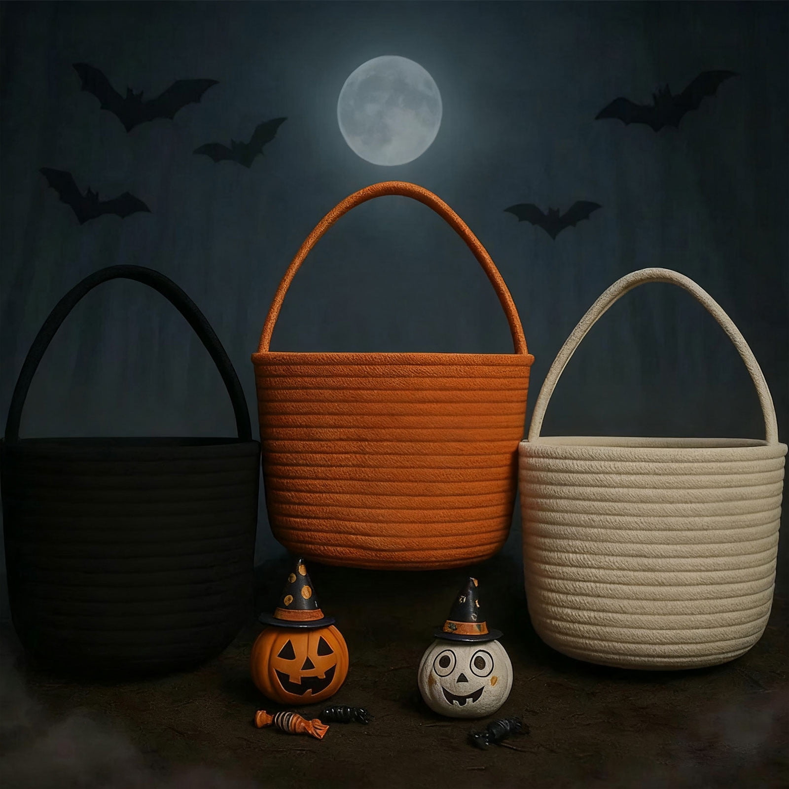 Personalized Halloween Basket – Cotton Rope Pumpkin Basket, Trick-or-Treating Candy Tote, Boo Bucket, Halloween Gifts Basket for Kids & Adults White