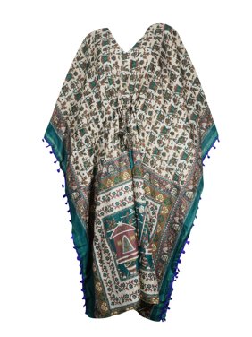 Mogul Womens Bohemian Caftans Blue Recycled Sari Tassel Maxi Caftan Dresses Resort Wear Lounger Soft Free Flowing 3X