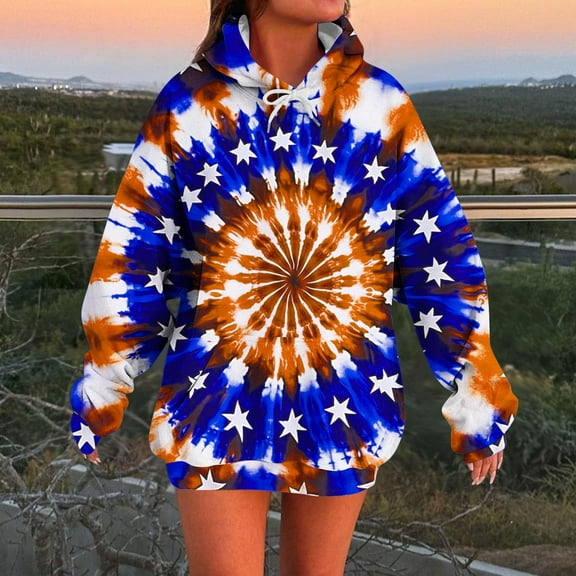 Fznquz Womens Tops Trendy Blue Hooded Fall Sweatshirt Tie Dye Pocket Crewneck Graphic Women Shirts