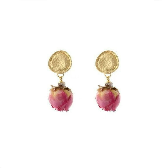 Elegant Pink Rose Flower Earrings - 14K Gold Plated Dried Flower Earrings for Women with 925 Silver Post, Wedding Jewelry