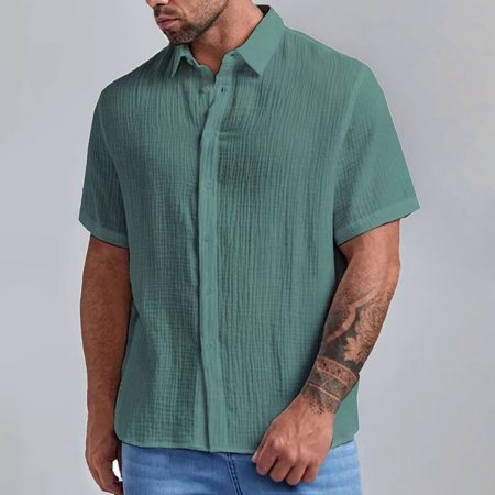 Gyexs Mens Short Sleeve Button Down Shirts Green Textured Soft Tops Stretchable Relaxed Fit Tshirt Outerwear Men Apparel Size XXL