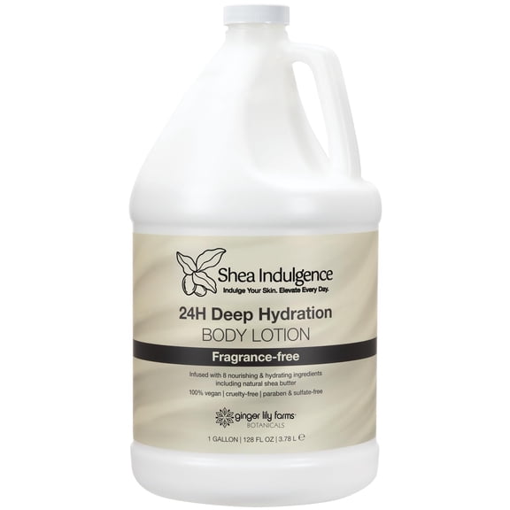 Ginger Lily Farms Botanicals Shea Indulgence 24H Deep Hydration Body Lotion, 100% Vegan & Cruelty-Free, Fragrance-Free, 1 Gallon (128 fl oz) Refill