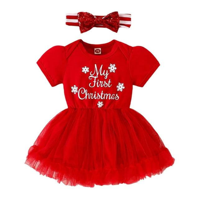 DuoJiaJ Robes de Noël pour Filles Manches Courtes Imprimés Lettres Fête Danse Enfants Robe de Noël 2-3 Ans