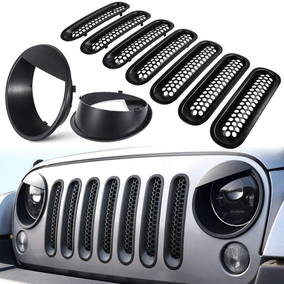 Insertos de malla para parrilla frontal y cubiertas de faros para Jeep JK E-cowlboy