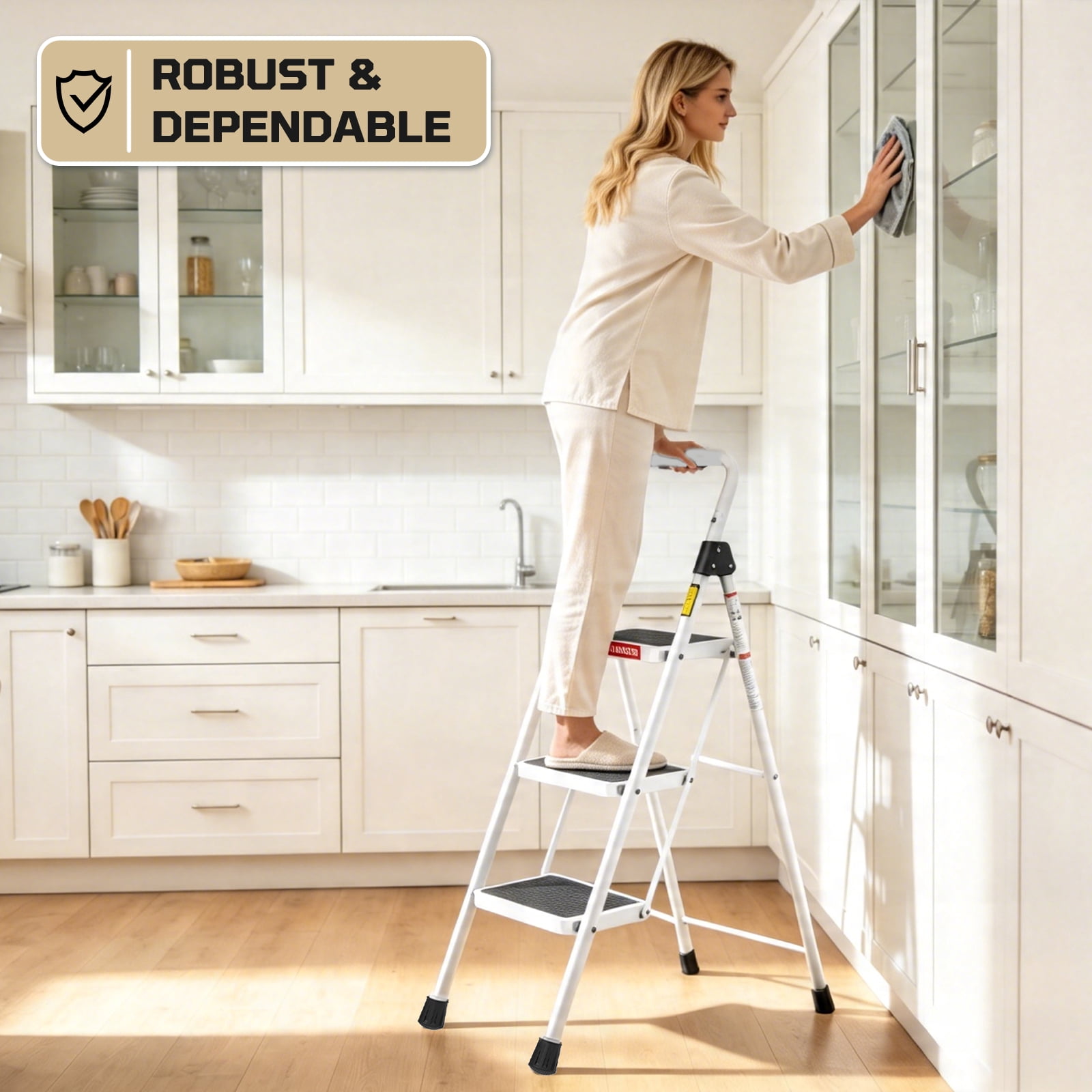 LevLad 3 Step Ladder, Folding Step Stool with Anti-Slip Pedal, Sturdy Steel Ladder, Convenient Handrail, Lightweight, Portable, White