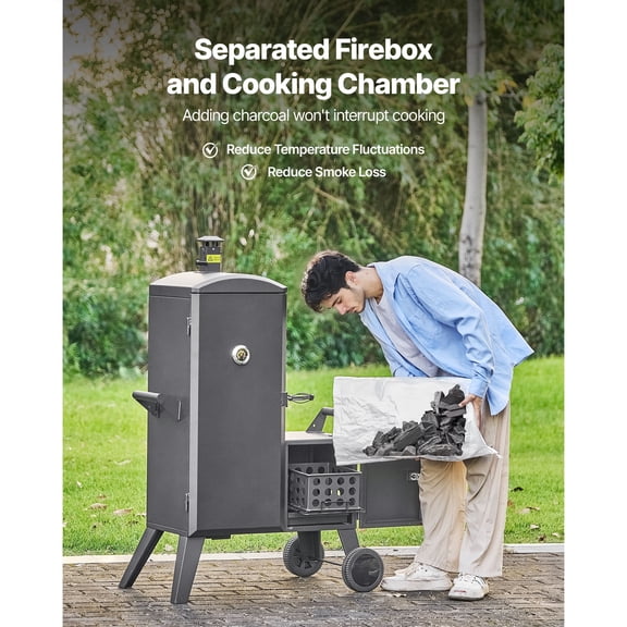 Heavy Duty Charcoal Offset Smoker Steel BBQ with Side Firebox Movable Outdoor Barbecue 6 Adjustable Grates Thermometer Air Vents for Backyard Patio Party Cooking