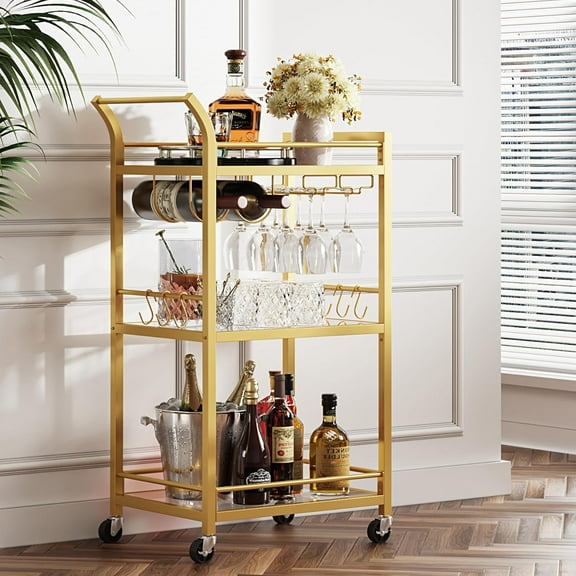 Bar Cart, Home Bar Serving Cart with 3-Tier Mirrored Shelf, Wine Cart, Mobile Kitchen Shelf, Gold BC01BB034