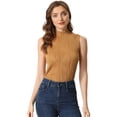 thumbnail image 1 of Camiseta sin mangas con cuello simulado para mujer, cuello alto, sin mangas, acanalado, top de punto marrón XS, 1 of 6