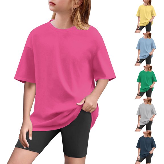 Eltusu Girls Outfit Sets, Loose Fit Short Sleeve Crewneck T-Shirts & Shorts Sets Hot Pink Size 5-15 T