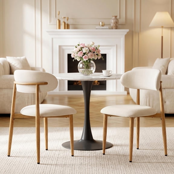 Dining Chairs Set of 2, LEGAHOME Linen Upholstered Kitchen Chairs with Metal Legs, Modern Dining Room Side Chairs Set with Curved Back for Kitchen Living Room, Beige Seat & Wood-grain Legs