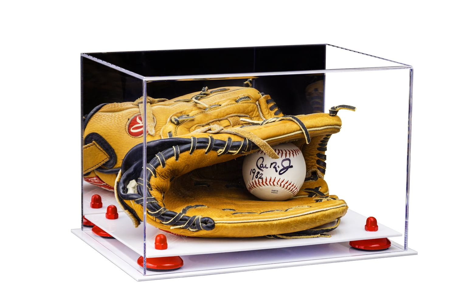 Red Risers and Clear Base A004-RR Baseball Glove Display Case with Mirror 
