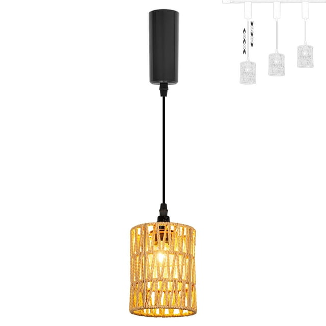 FSLiving Adjustable Height J Type Track Light Pendants Bohemian Hollow-carved Designed Rattan Shade E12 Socket 3.2 Ft Vintage Stytle, Track Mount for Kitchen Island Vaulted Ceiling Customizable