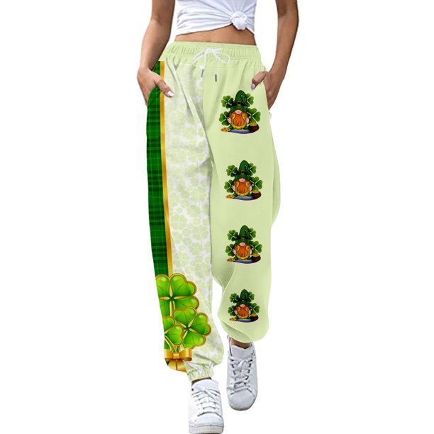 Gibobby pantalones de mujer de vestir Pantalones de chándal casuales de moda para mujer, pantalones casuales con cordón estampado del día de San Patricio (Beige, M)