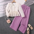 thumbnail image 2 of Afdoent Girls 2 Piece Outfits Lace Blouse Top Solid color Loose Casual Wide Leg Long Pants Outfit, 2 of 8