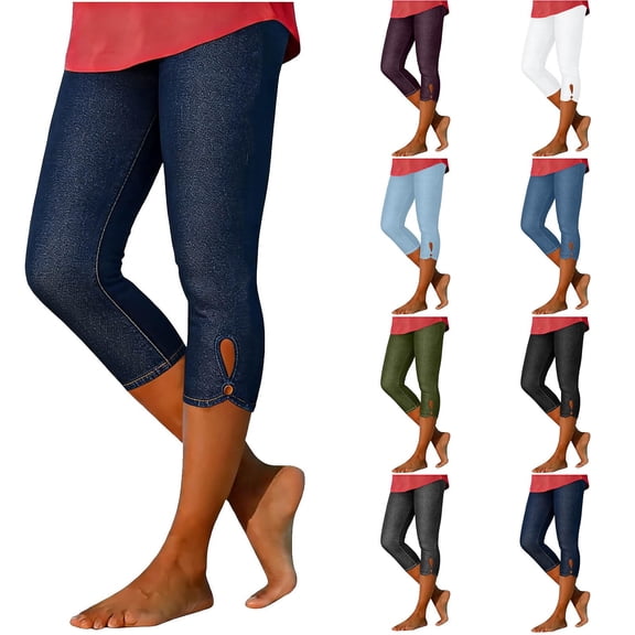 Women's High Waisted Imitation Jean Leggings Casual Yoga Pants Shorts