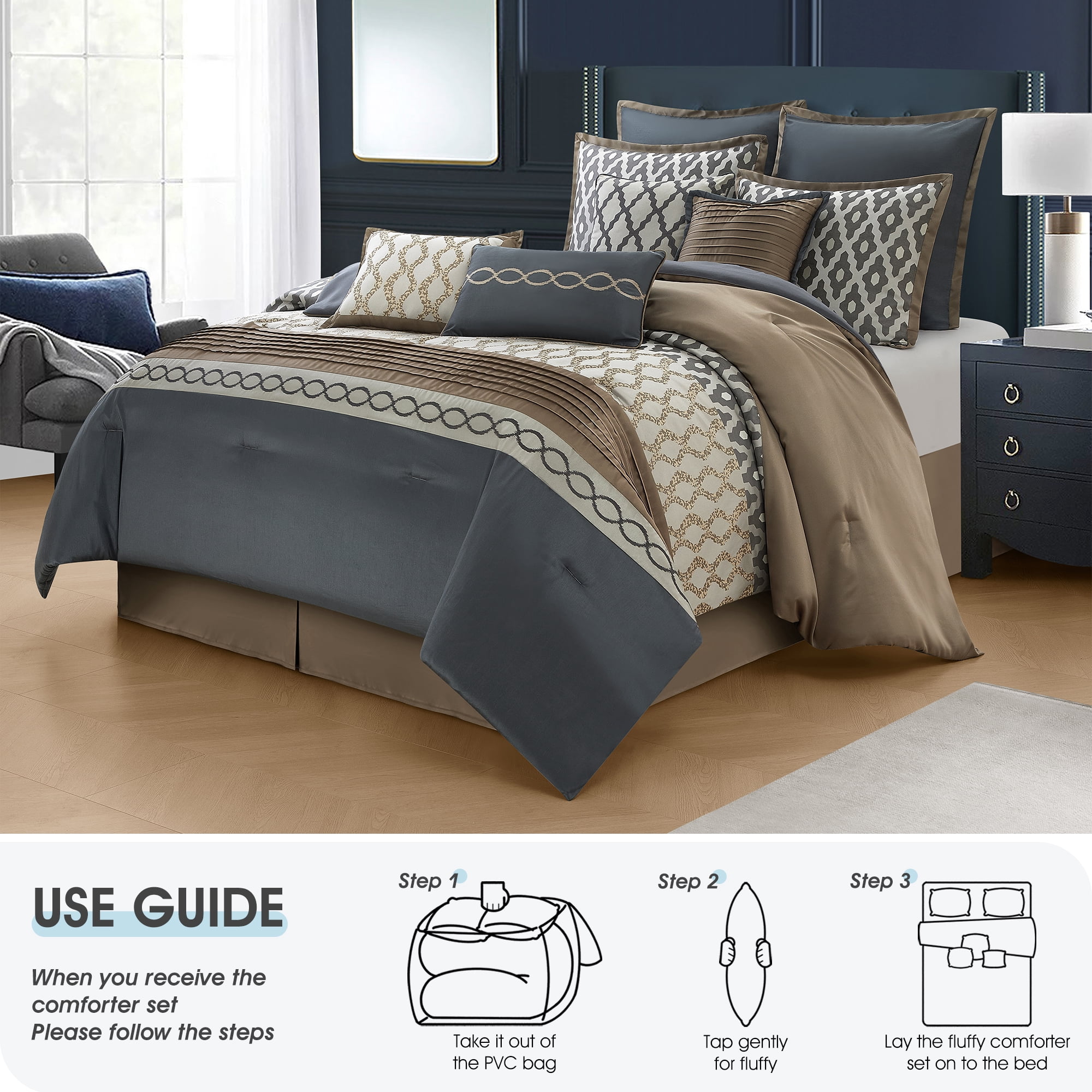 Lanco Geometirc Queen Size Comforter Set , 10 Piece , Jacquard Home Decor , Premium Lightweight Microfiber