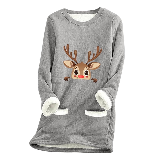 WEAIXIMIUNG Sweatshirts pour Femmes Fermeture Éclair Sans Capuche Thème de Noël Cerf Col Rond Pull avec Poches Thermiques Rembourrées