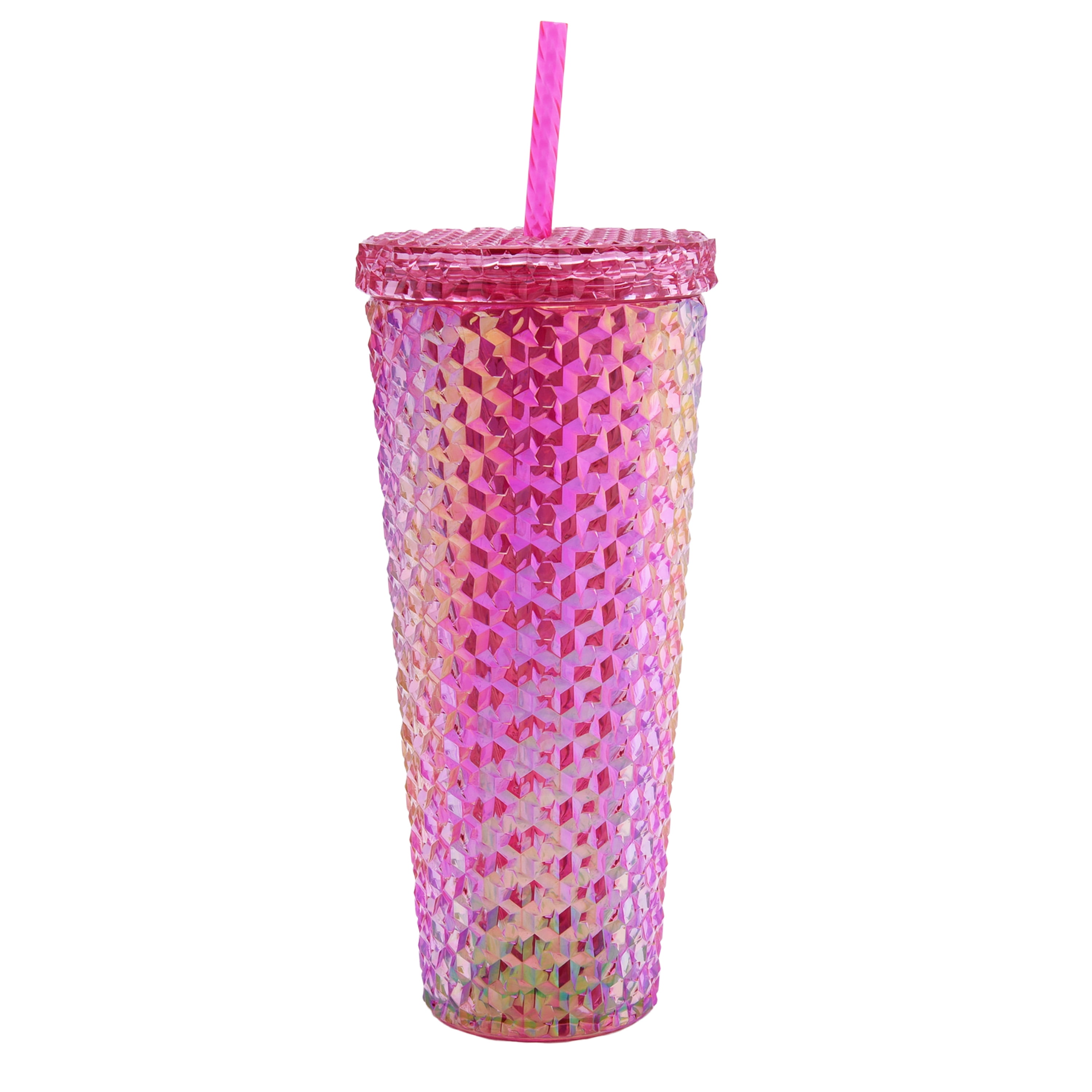 Mainstays 26Ounce Acrylic Iridescent Textured Tumbler with Straw, Pink