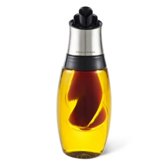 Cole & Mason Mason Duo Oil & Vinegar Dispenser Bottle with Lid and Pour Spouts, Durable Cruet Set, Stainless Steel & Glass