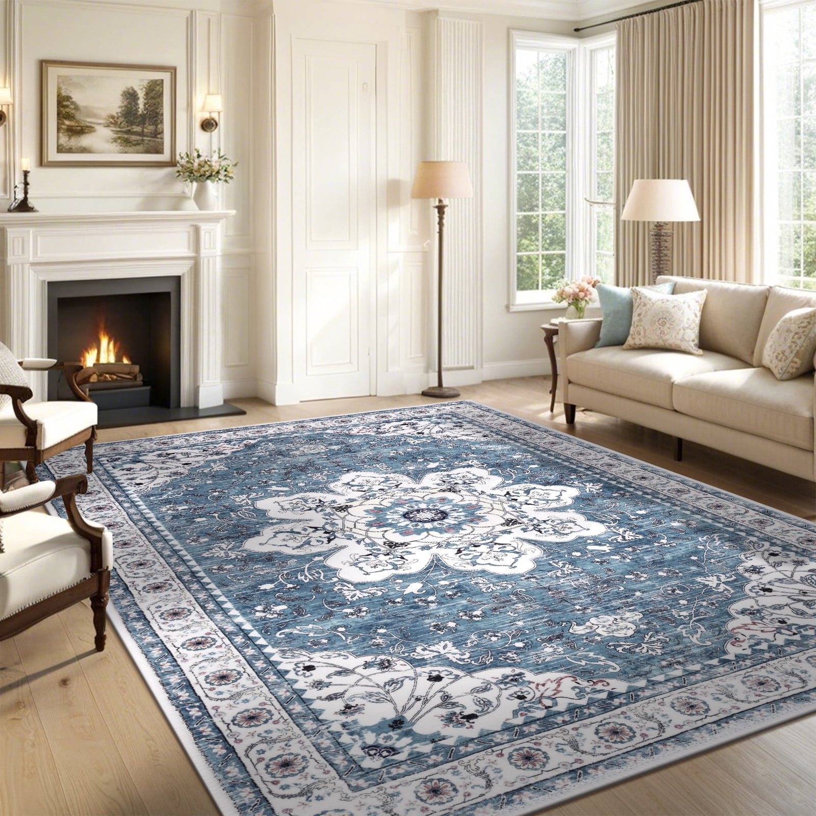 MeyJey Oriental Indoor Living Room Area Rug 5'x8', Non-Slip Machine Washable Vintage Floor Carpet for Bedroom Dining Kitchen Hallway Nursery, Blue