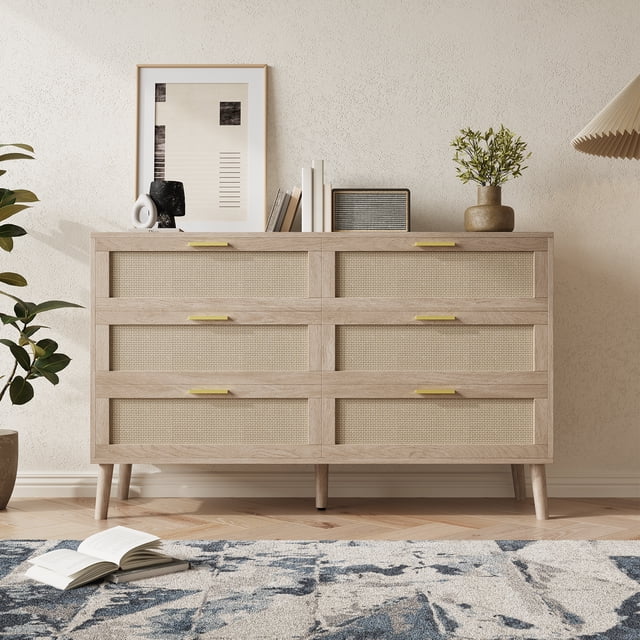 Cómoda de dormitorio moderna - 6 cajones de ratán - Amplio espacio de almacenamiento - Diseño mid-century en madera - Perfecta para dormitorio, entrada o pasillo - Color roble natural