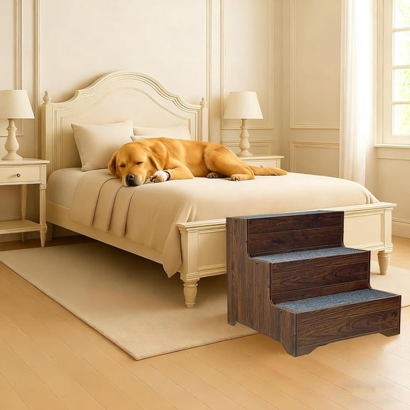 Furniture Dog Stairs for Large Dogs, Wooden Wide Pet Steps, Non-Slip 3-Step Stable Dog Ladder for High Bed, Couch, Sofa – Upgraded Solid Stair for Pets, Walnut