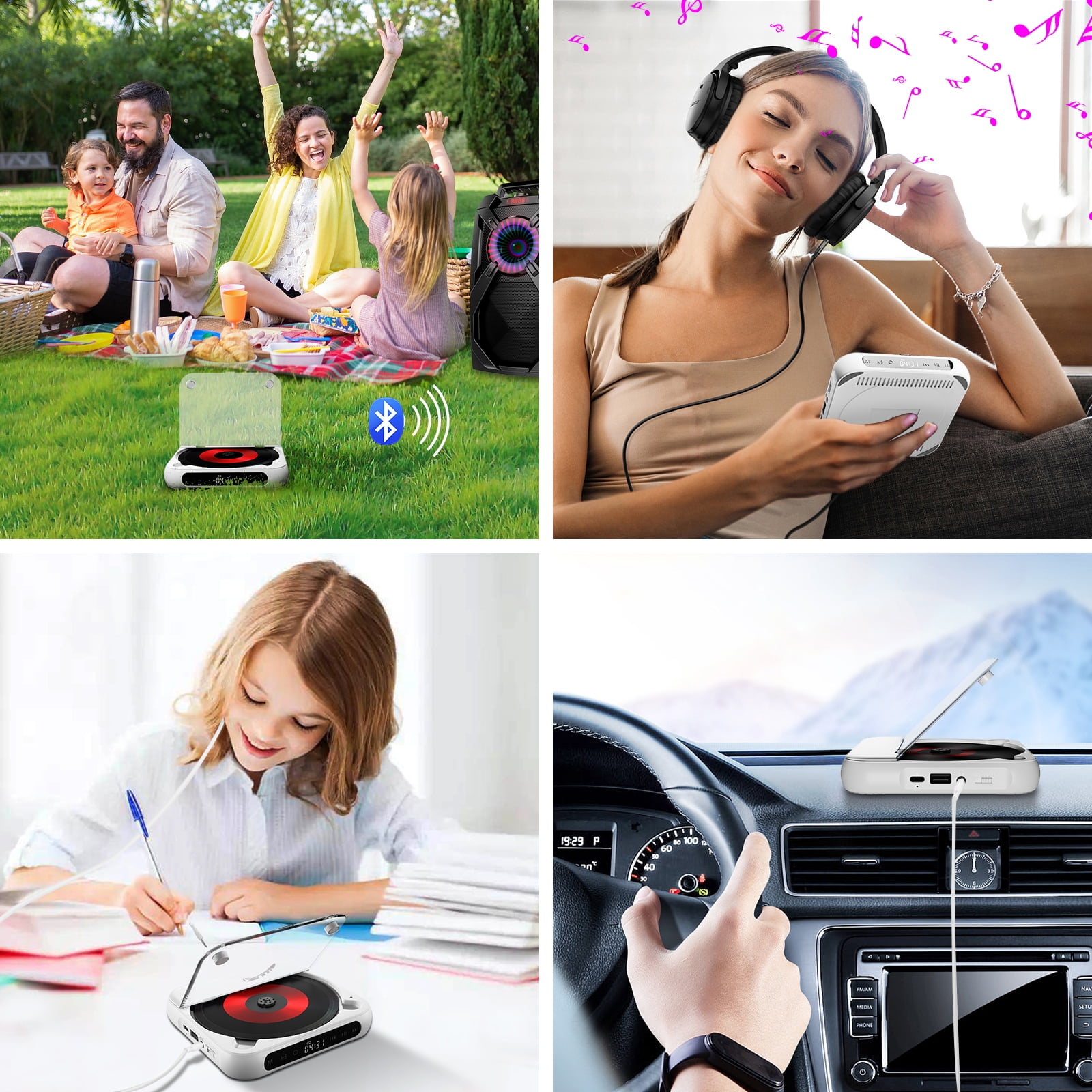 Prociv Portable CD Player, Personal CD Players with Bluetooth for Car & Travel, Rechargeable Small CD Player with Headphones, LCD Touch Screen & Anti-Skip/Shockproof White
