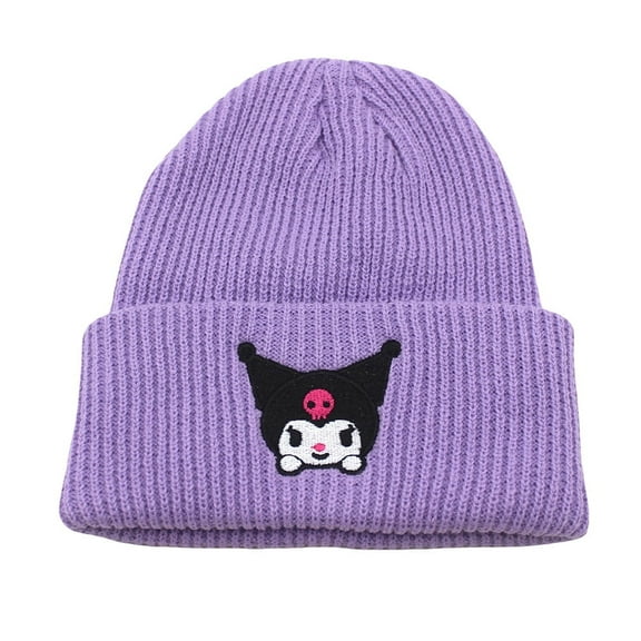 Kuromi Anime Catoon Knitting Hat - Fleece-Lined Acrylic Beanie, Cute Kawaii Embroidery Trapper Cap for Women Men Unisex