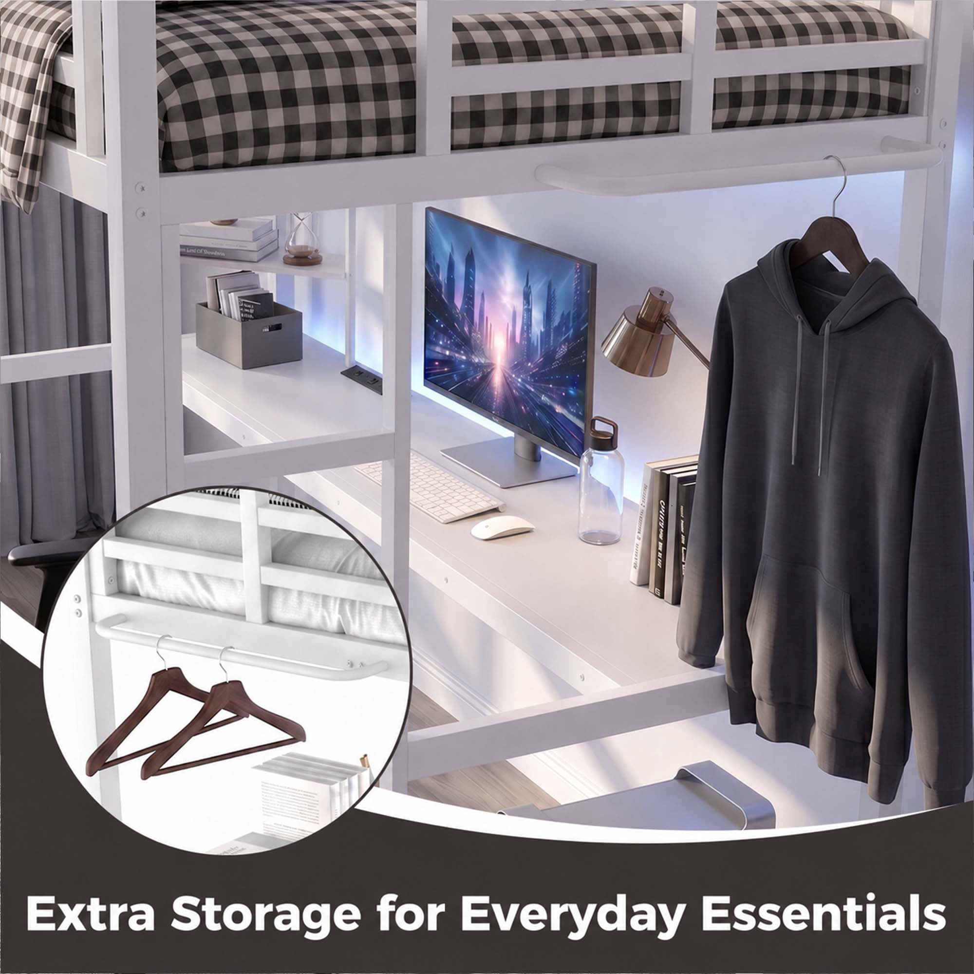 Miniyam Full Size Metal Loft Bed with Desk and Storage Shelf,Charging Station and LED Lights,White