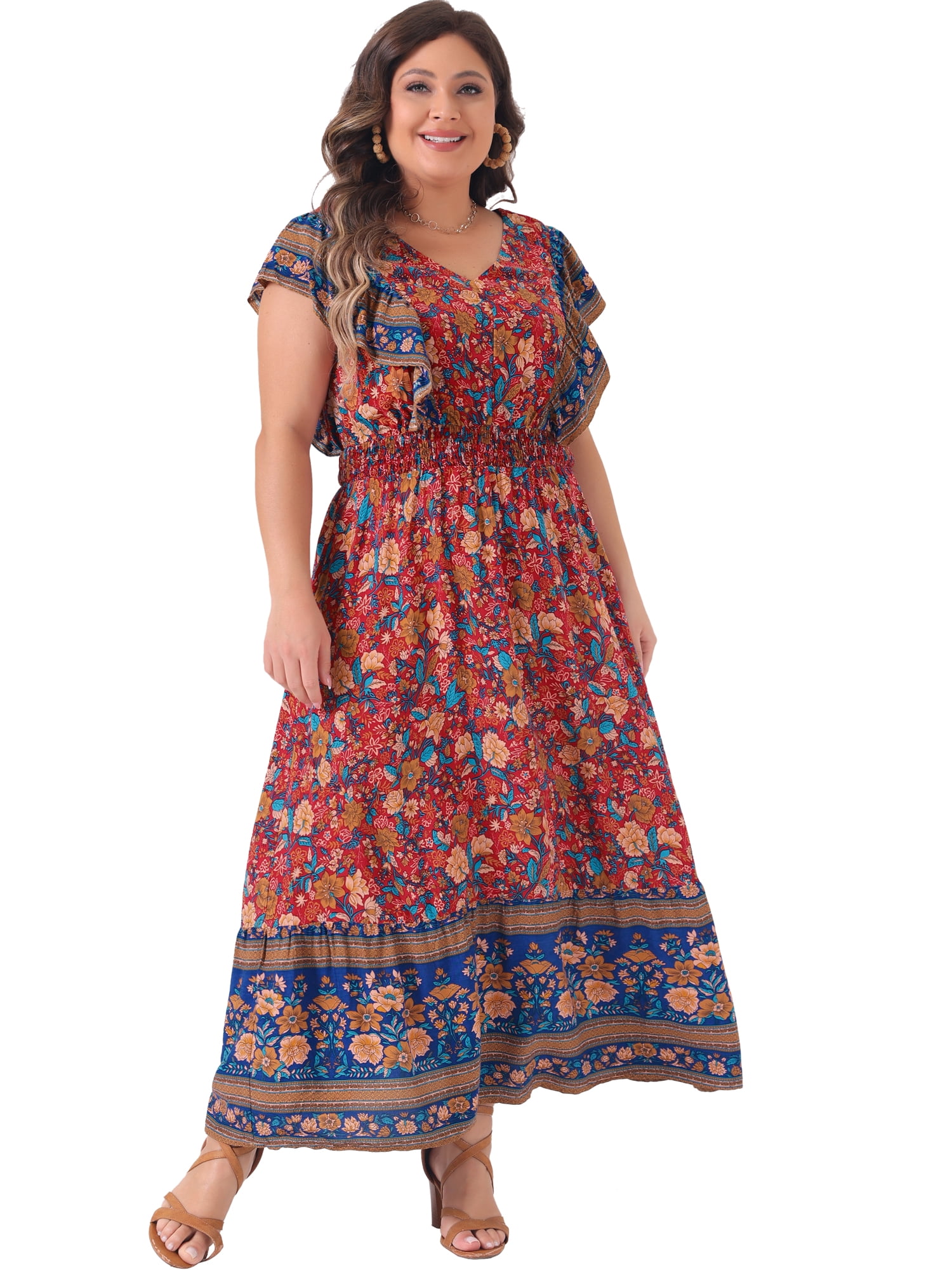 DARING DIVA Plus Size Floral  Ruffle Sleeve Beach Boho Maxi Dress 4X Red