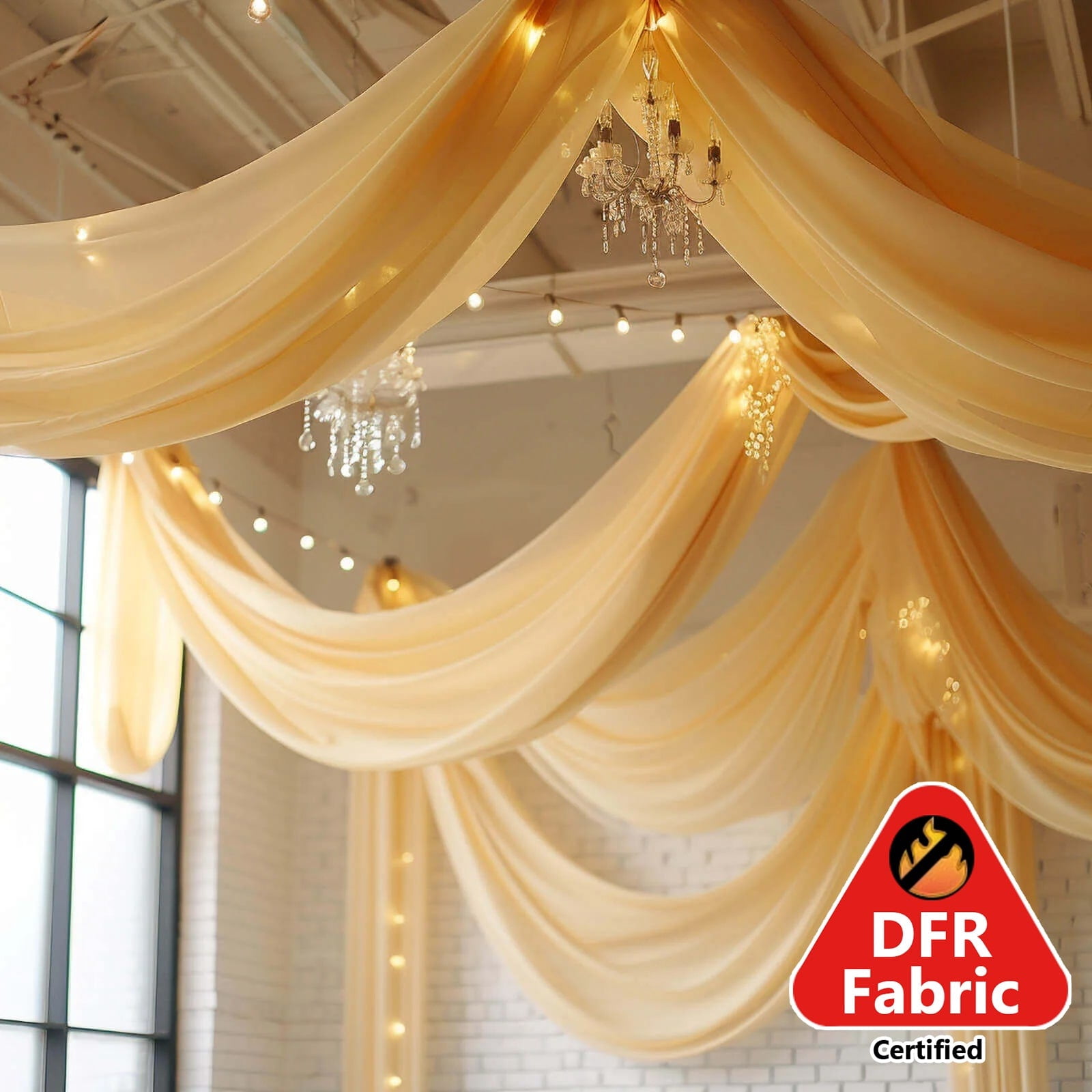 Efavormart 5ftx32ft Premium Champagne Chiffon Curtain Panel, Backdrop Ceiling Drapery With Rod Pocket
