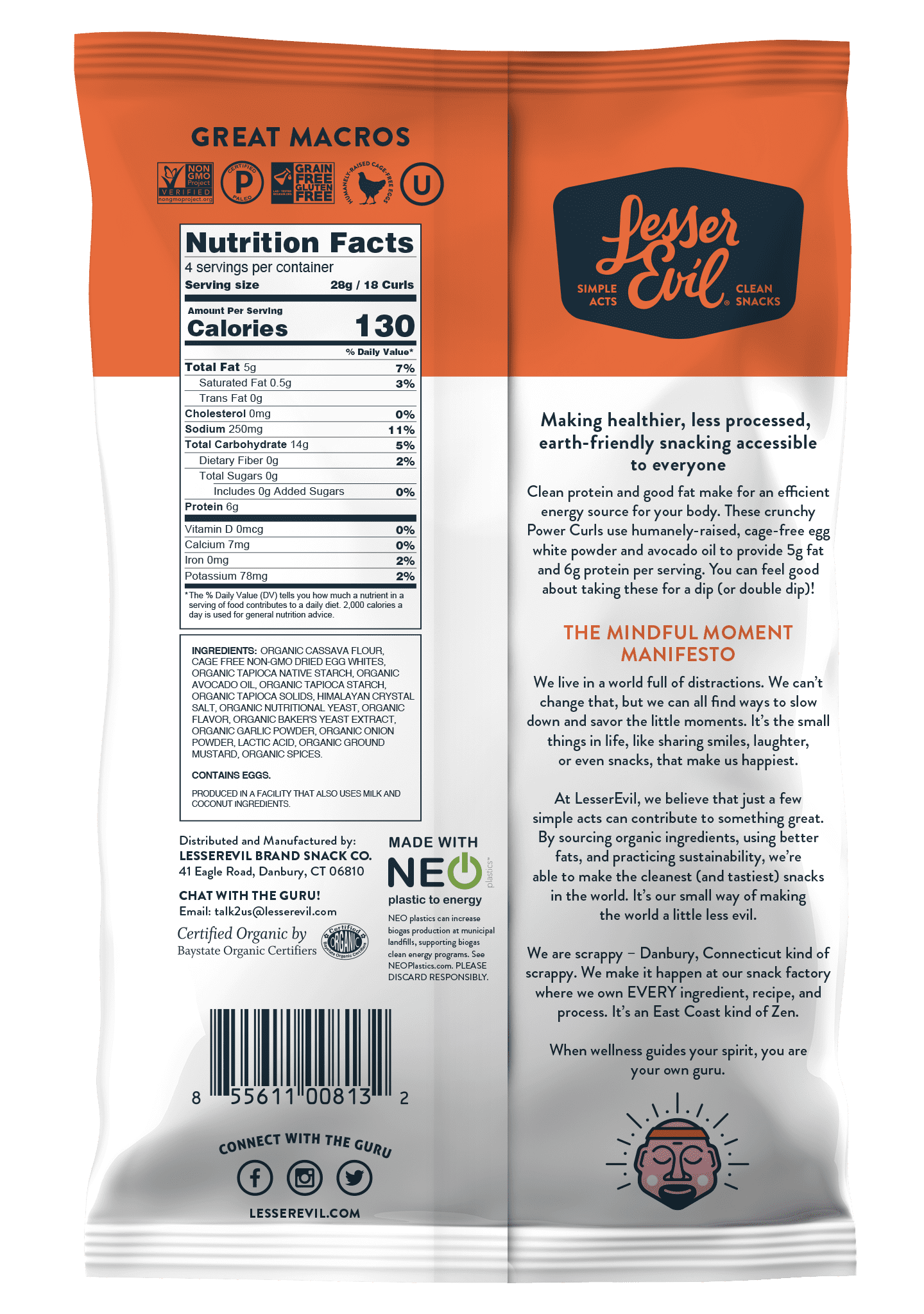 LesserEvil Gluten-Free Power Curls, 'No Cheese' Cheesiness Flavor Puffed Snacks, 4 oz
