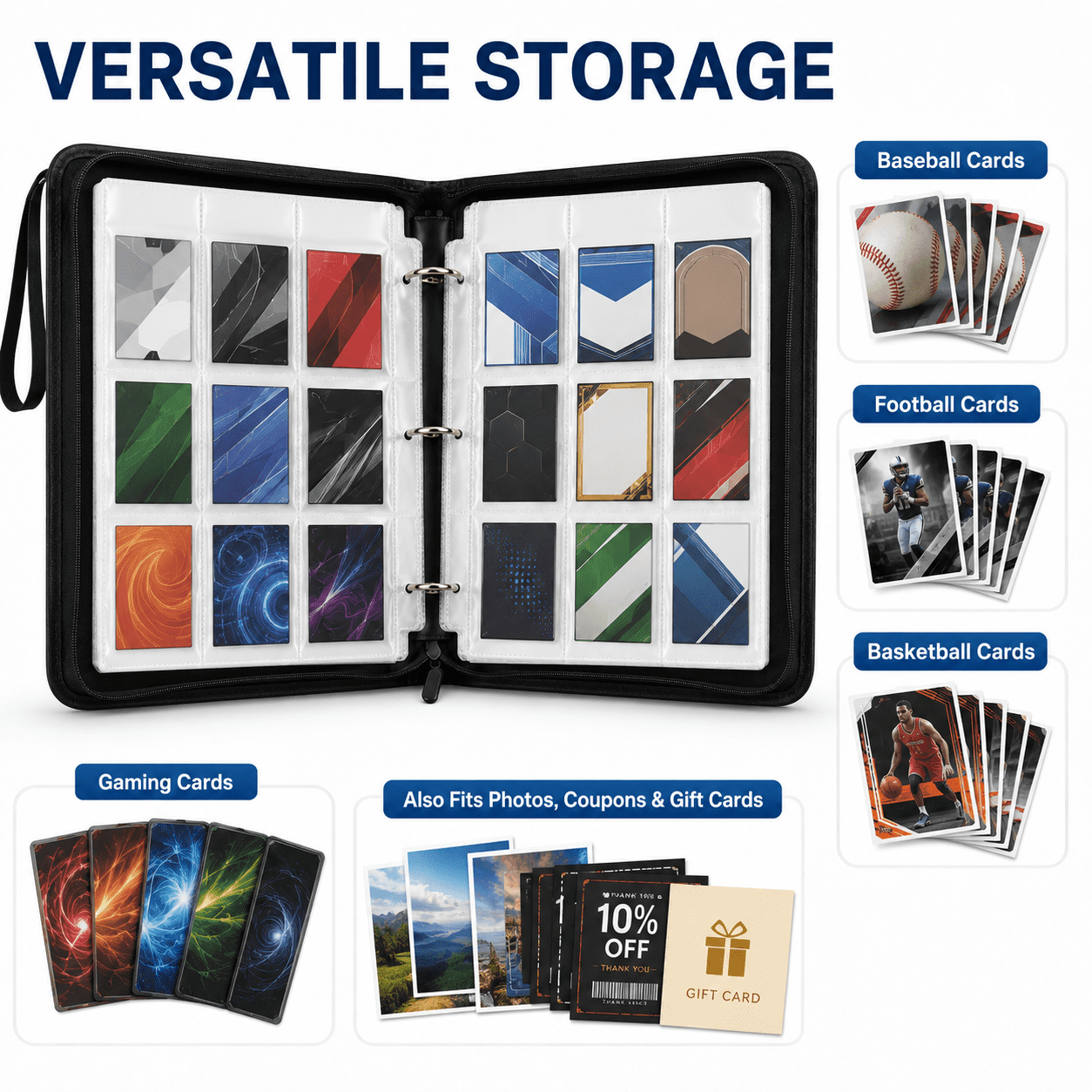 Kabuer Trading Card Binder Sleeves with Zipper 900 Pockets, Carry Card Case for Baseball Card, Football Card, Gaming Card, Basketball Card