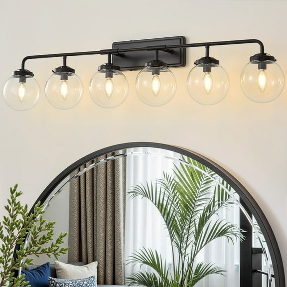 Deyidn 6-Light Black Bathroom Vanity Light with Clear Globe Glass Shade Modern Bathroom Wall E12 Bulb