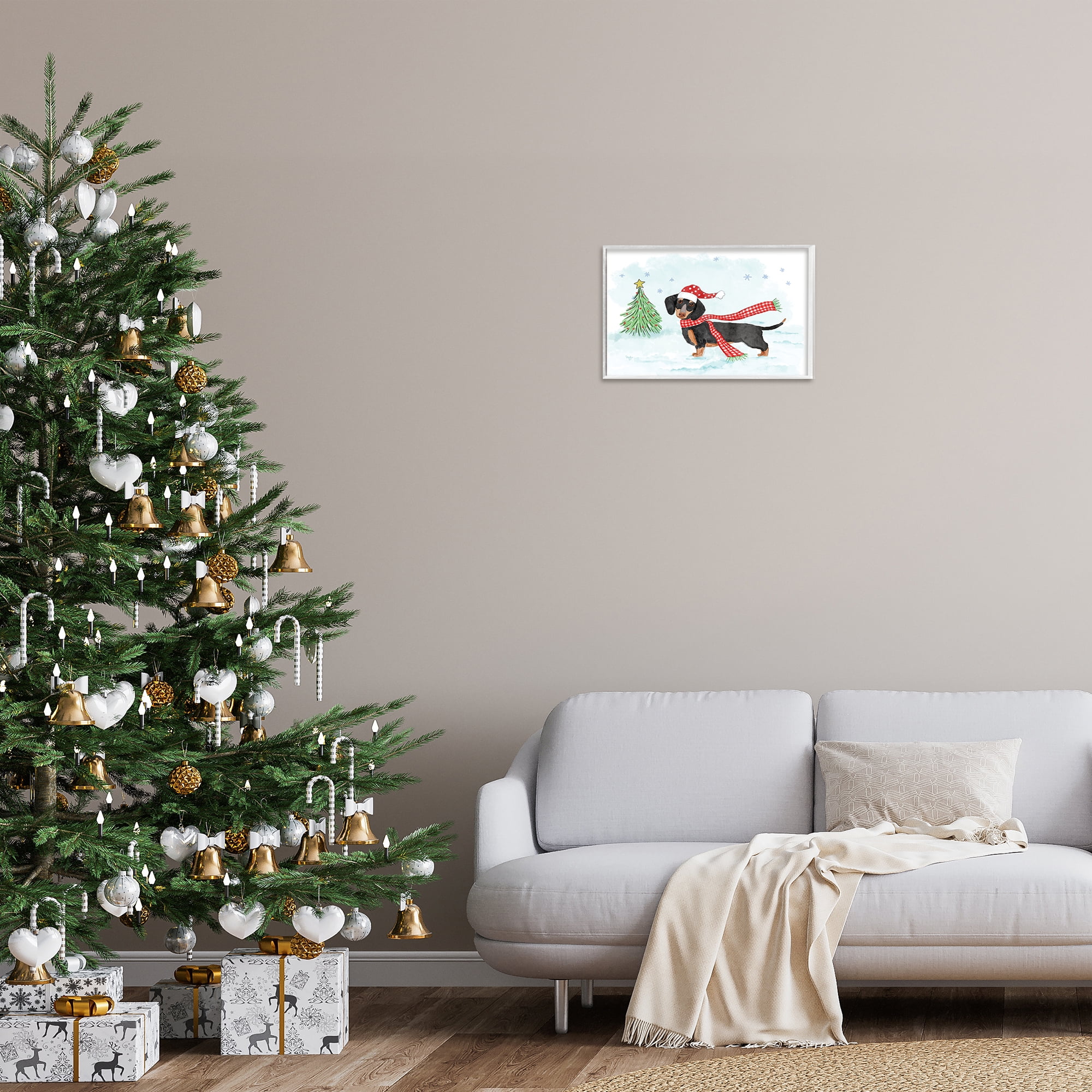 Stupell Industries Dachshund with Scarf Holiday Painting White Framed Art Prints Wall Art, 18 x 12
