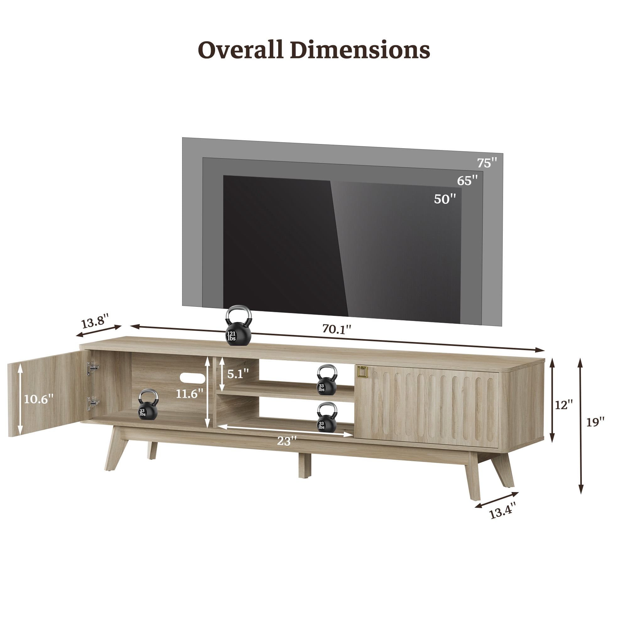 SICOTAS 70.1" Extra Long Modern TV Stand, Minimalist Console Table with 2 Fluted Doors, 3-Tier Storage Shelves, Long Entertainment Center for Living Room, Rustic Oak